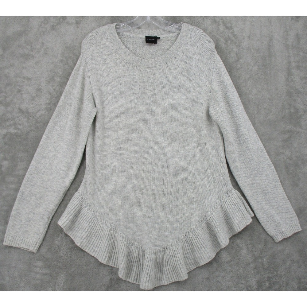 Cliche Sweater Womens Large Ruffle Hem Wool Blend Lightweight Pullover Cozy Gray